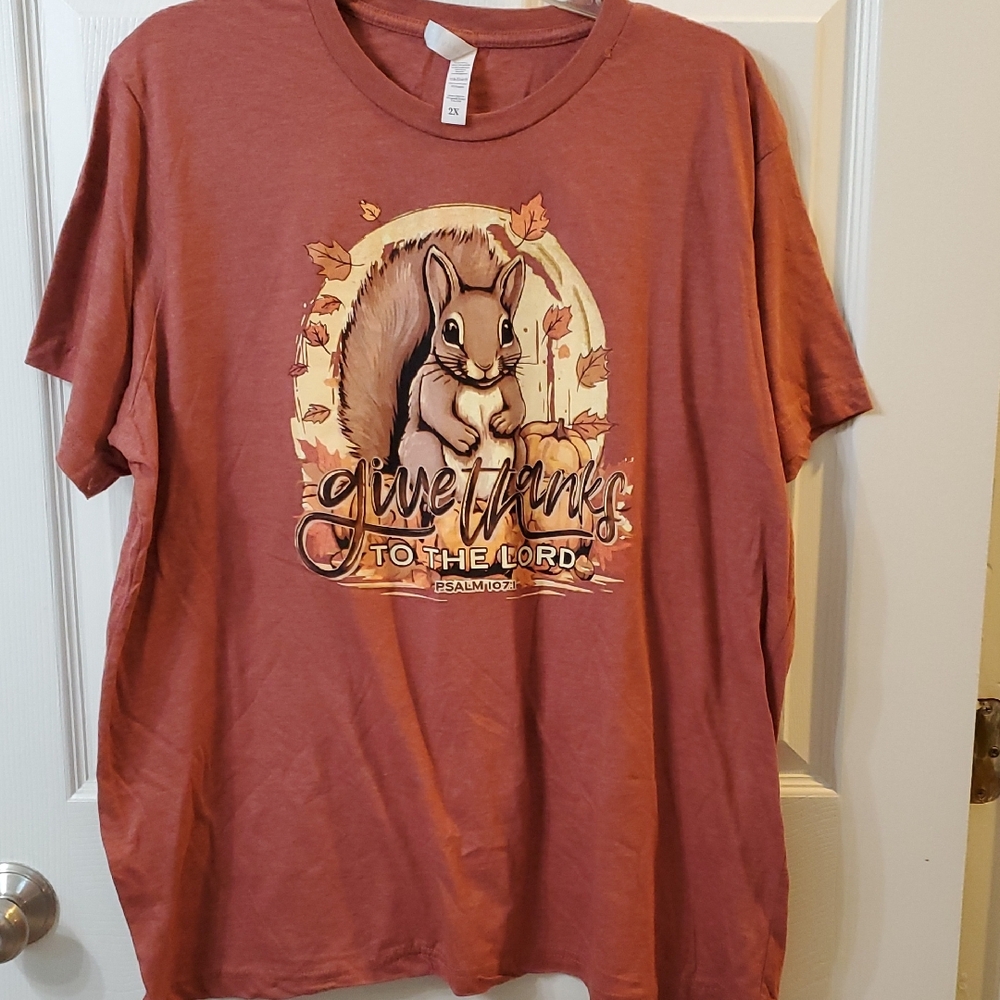 Love & Faith Rust Graphic T-Shirt with Squirrel Design 2X